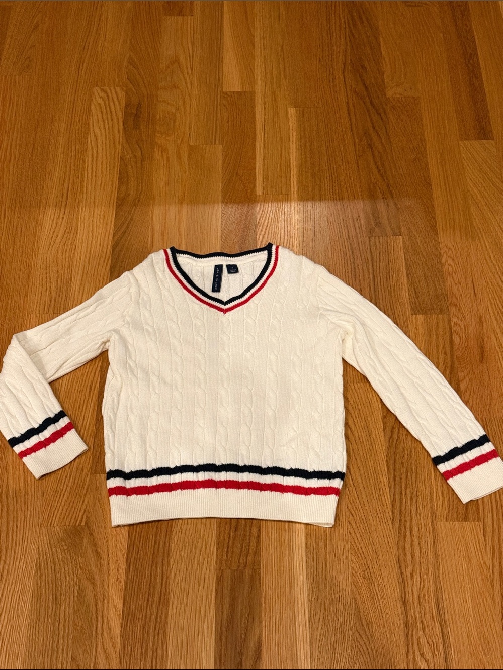 Janie and Jack Cream Cable Knit V-Neck Sweater with Red & Navy Trim kids size 5